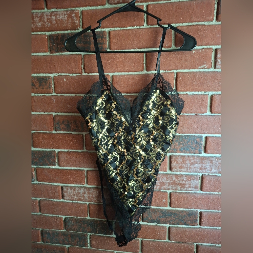 Delicates Black and Gold Lace Bodysuit